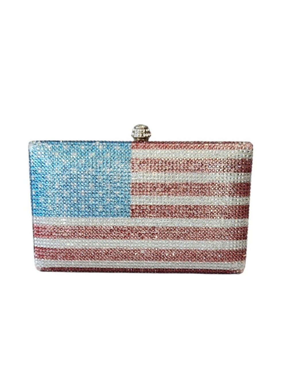 Rhinestone American Flag Minaudière Clutch Patriotic Red White Blue Evening Bag